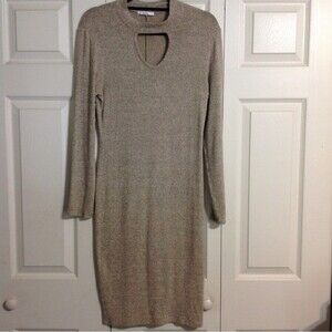 ACEMI Large Khaki Tan Heather Long Sleeve Stretch Knit Bodycon Dress Keyhole